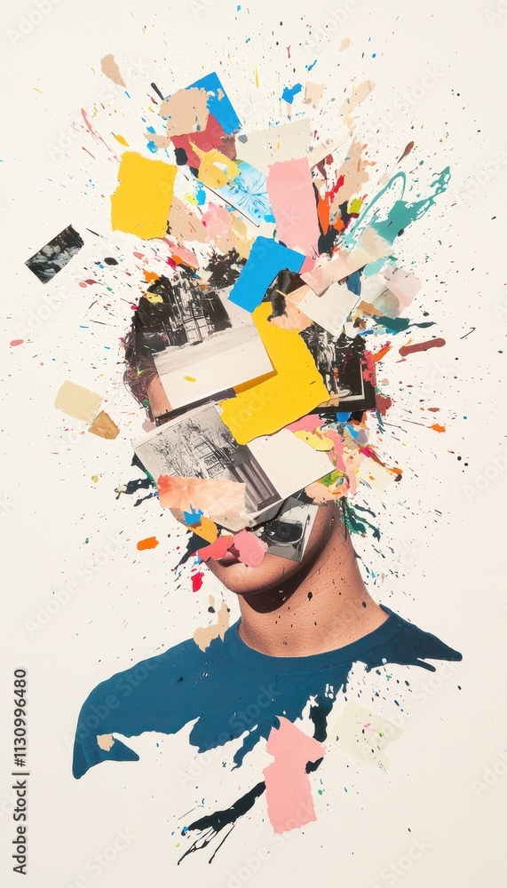 Poster abstract composition of fragmented face with colorful paint and collage elements