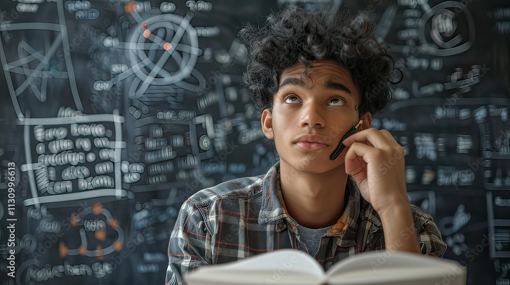 Poster a student pondering over a notebook with scribbles, symbolizing critical thinking.