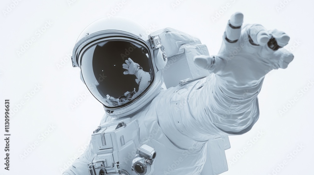Poster a monochromatic astronaut reaching out, symbolizing exploration and discovery in space.