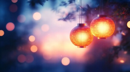 Fototapeta premium Lanterns, Beautiful Red Glow, Festive Atmosphere, Soft Lights, Evening Decor, Outdoor Setting