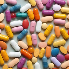 A mixture of vibrant colorful pills, healthcare background. Vitamins wallpaper. Health care and medical concept