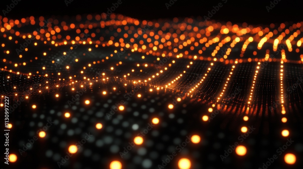 Poster Abstract representation of glowing dots creating a wave-like pattern in a dark environment.