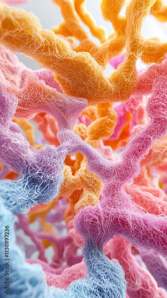 Poster a vibrant, abstract representation of interconnected fibers or structures in various colors, resembl