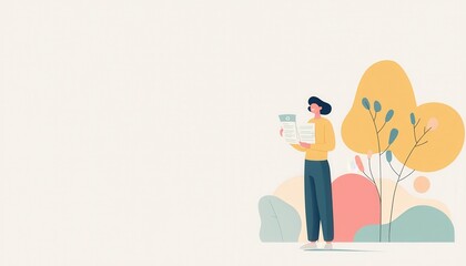 Fototapeta premium Cheerful person holding document in minimalistic nature background, illustrating productivity and organization