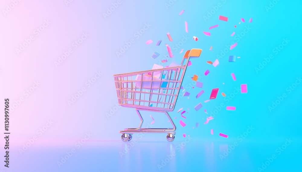 Poster shopping cart with colorful confetti elements on a stylish gradient background