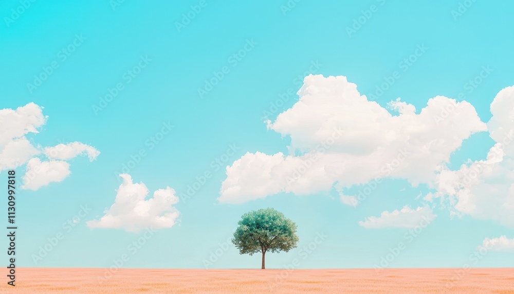 Poster serene landscape with a single tree under a blue sky and white clouds in a soft pasture setting
