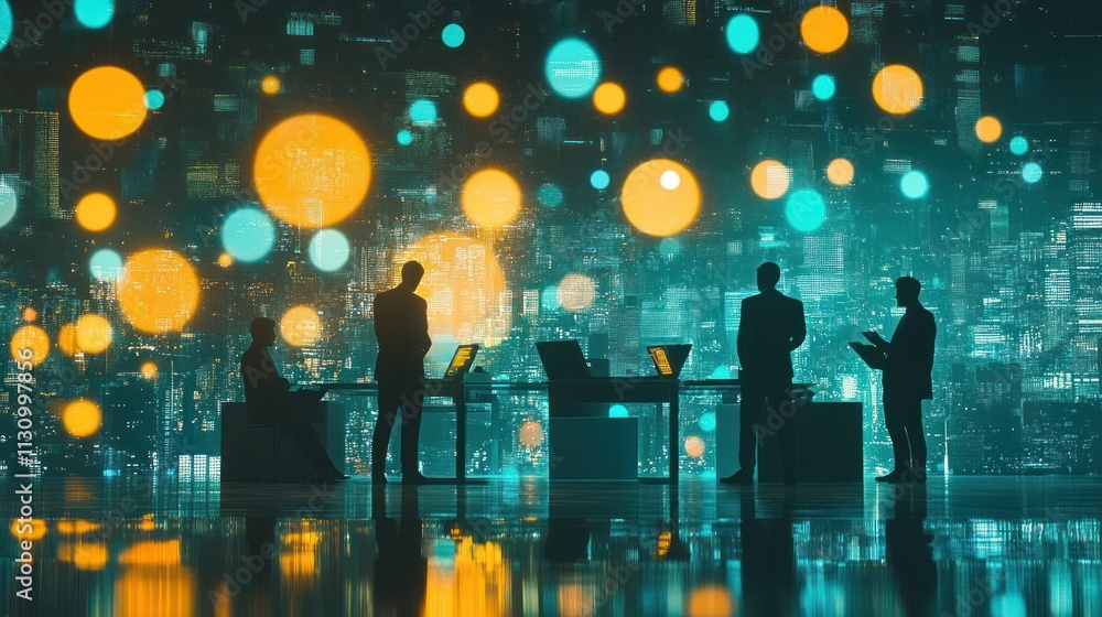 Poster Silhouetted figures in a tech-inspired office setting with a colorful digital backdrop.