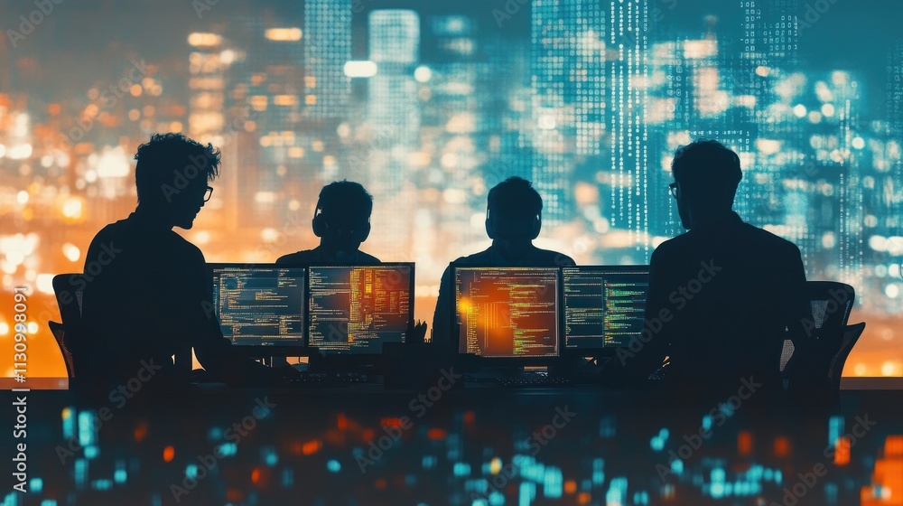 Poster silhouettes of individuals working on computers against a cityscape backdrop.