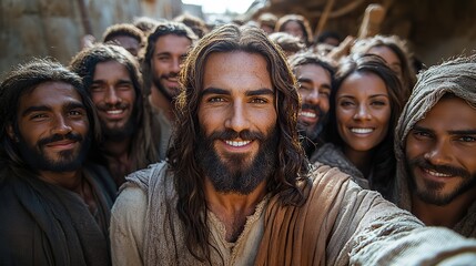 Jesus takes a selfie with a group, portraying a modern and inclusive image of religious leadership and community