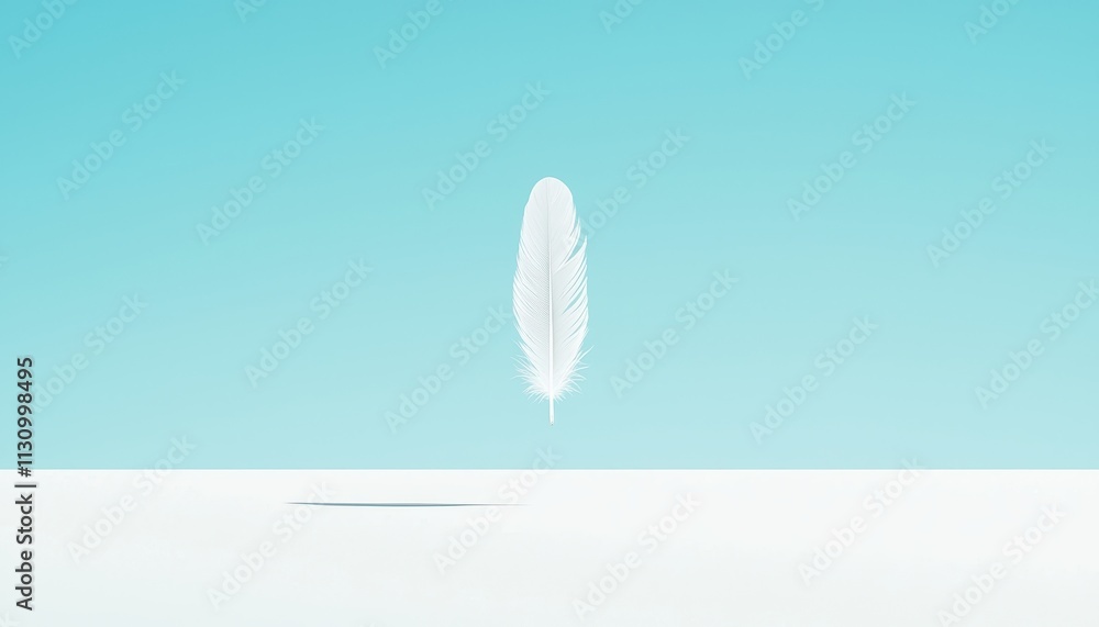 Poster minimalist white feather floating above a soft blue background with subtle shadow and calm atmospher