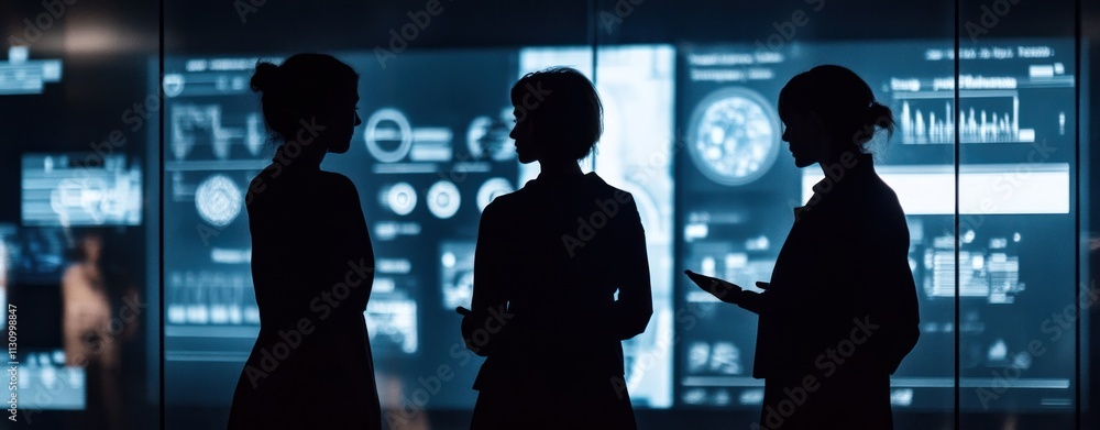 Poster Silhouetted figures in front of digital screens, discussing data and technology.