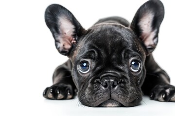 Portrait of a black French bulldog puppy on white background
