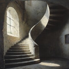 Stunning Spiral Staircase in Old Historic Stone Building with Atmospheric Lighting and Shadows