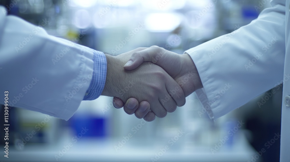 Poster a handshake between two individuals in lab coats, symbolizing collaboration in science.