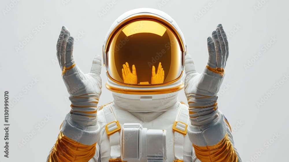 Poster an astronaut with a reflective visor gestures, showcasing a futuristic design.