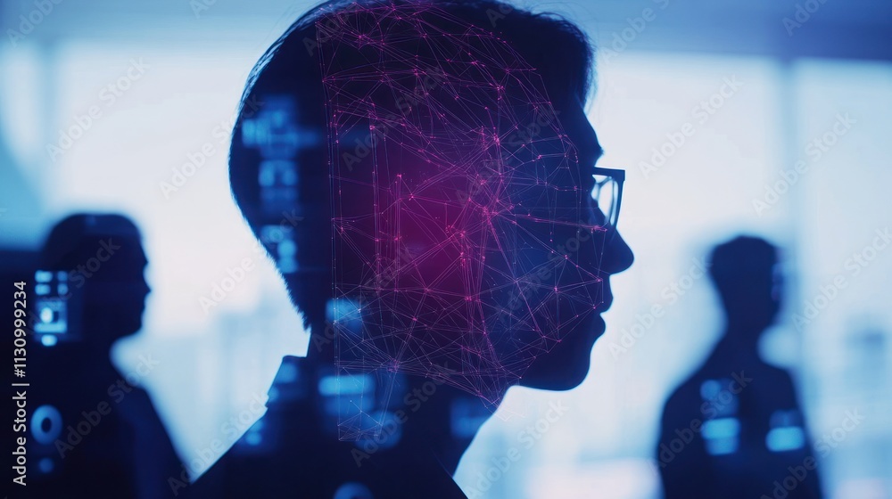 Aufkleber silhouette of a person with digital network overlay, symbolizing technology and innovation.
