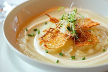 Potato and celeriac soup with crab and parmesan crisps