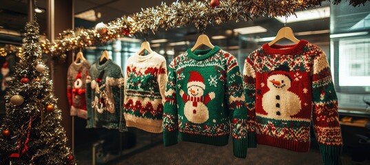 Fototapeta premium Festive Office Holiday Party with Colorful Ugly Sweaters and Tinsel Decorations