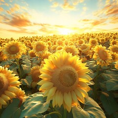 Stunning Sunflower Field Bathed in Golden Sunset Light
