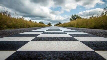 Obraz premium Checkered road vanishing point, grassy roadside, cloudy sky.