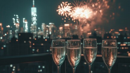 New Year's Eve Celebration in New York City with Fireworks and Champagne