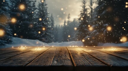 Magical Winter Landscape with Blurred Forest and Wooden Table