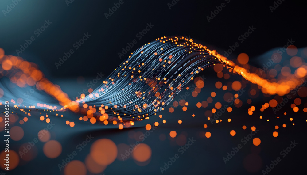 Poster a vibrant, abstract representation of flowing waves, illuminated by orange dots, creating a dynamic 