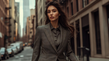 Fototapeta premium Sophisticated model in tailored suit walking confidently in city