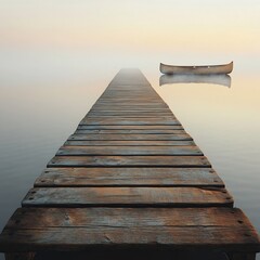 Tranquil Wooden Dock Stretching into Serene Lake with Hazy Horizon