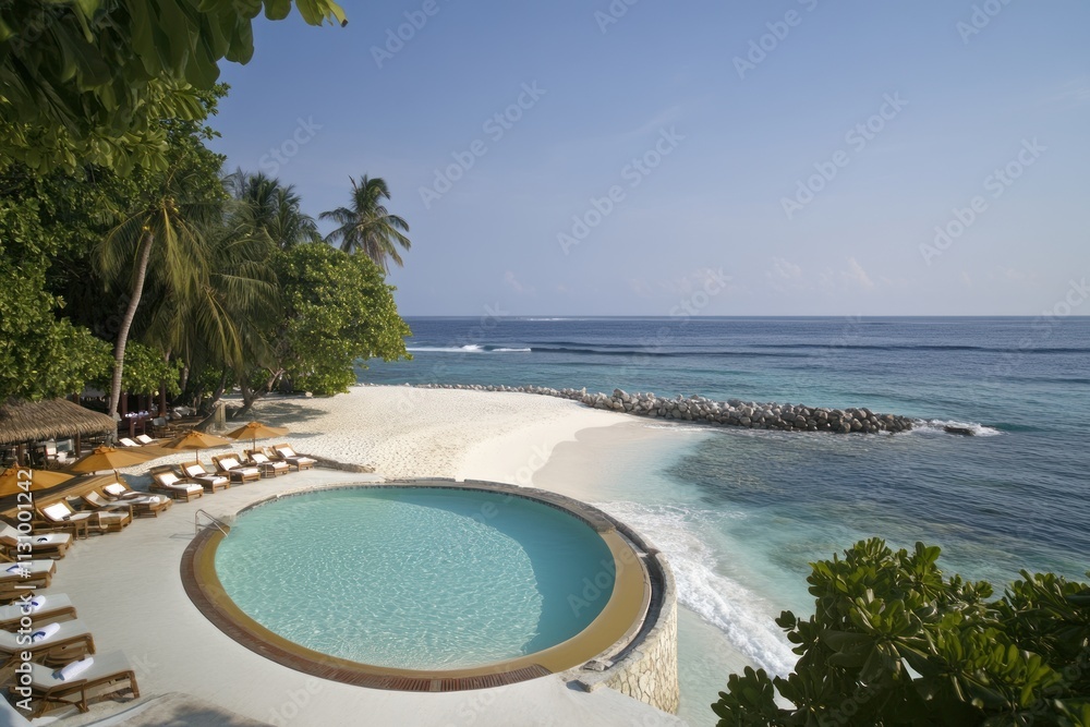 Poster a serene beach view featuring a circular pool, palm trees, and gentle ocean waves.