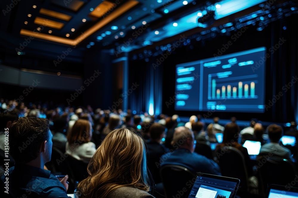 Poster interactive business seminar with attendees engaging in a live quiz displaying real-time results