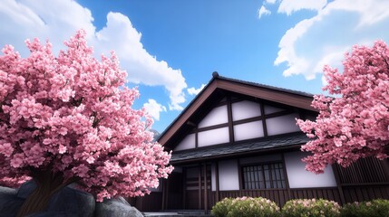 A tranquil scene featuring a traditional Japanese house surrounded by blooming cherry blossom trees under a blue sky.