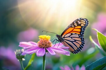Fototapeta premium Vibrant Monarch Butterfly on Blooming Flower - Perfect for Lively Spring Nature Background
