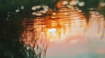 Naklejka premium Blurred reflection of sunset on lake, creating serene atmosphere