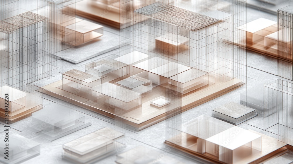Fototapete A conceptual architectural design featuring layered structures and wireframe models.