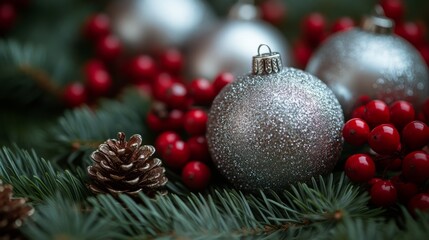 Obraz premium Silver Christmas baubles arranged on a bed of fresh green pine needles