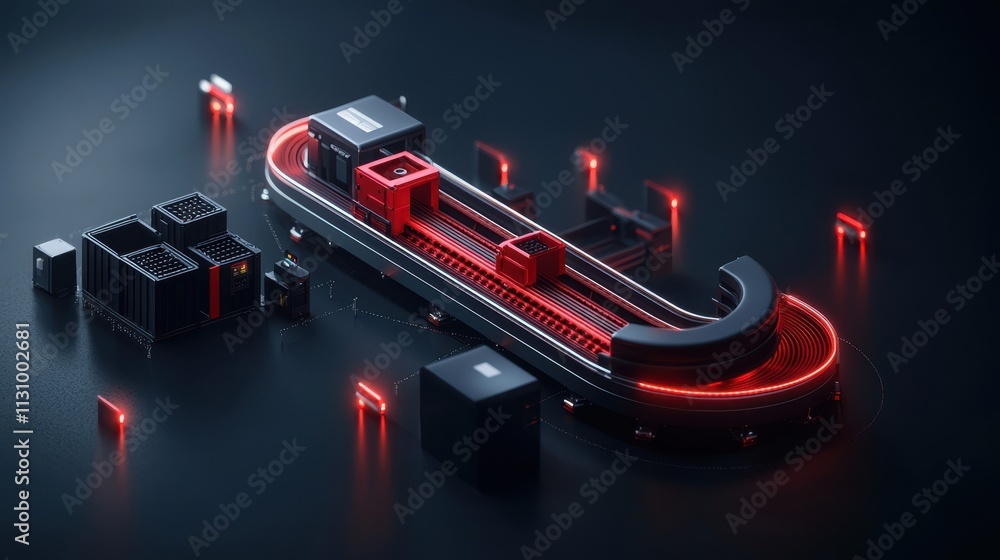 Poster airport baggage handling concept with conveyor belt. a futuristic scene featuring a sleek, illuminat