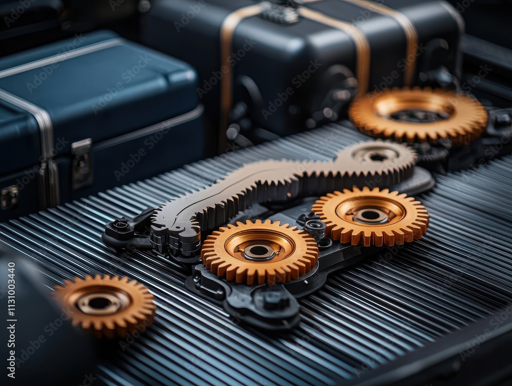 Poster airport baggage handling concept with conveyor belt. a close-up image of metallic gears and machiner