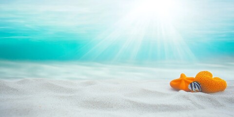 Obraz premium Realistic stock photo of a tropical beach scene. In the foreground, fine white sand with nemo fish and coral scattered on it.