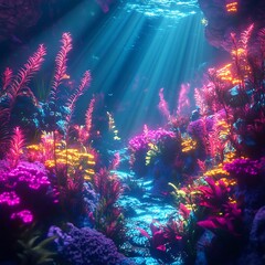 Vibrant Underwater Coral Reef Landscape with Glowing Marine Life