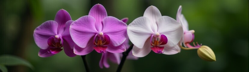 Obraz premium Exotic orchids in purple, white, and pink with blurred jungle background