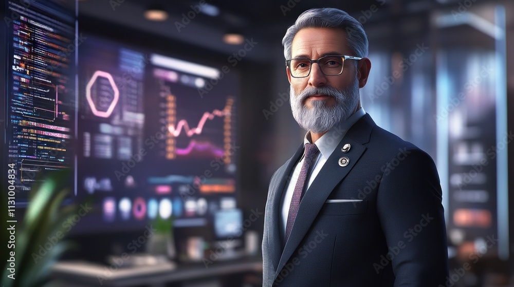 Poster a business professional stands in a modern office with data analytics displays behind him.