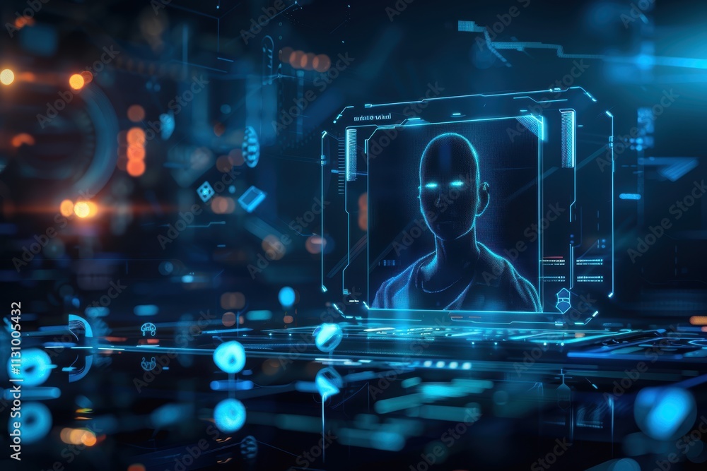 Aufkleber futuristic holographic quiz interface with 3d avatar and sci-fi background design