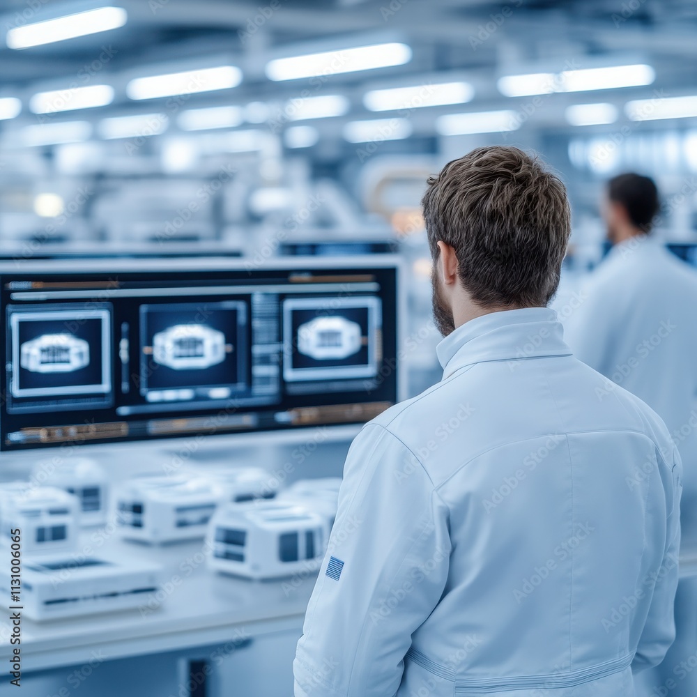 Poster a technician analyzes digital data on screens in a modern laboratory setting, showcasing advanced te