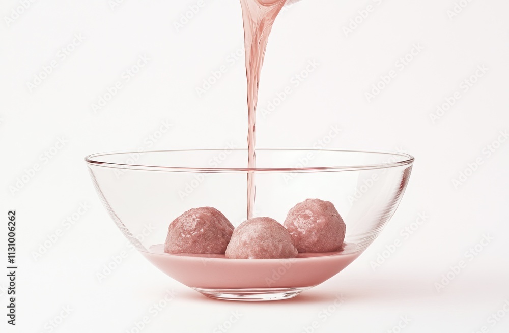Poster a bowl with three round objects being poured with a pink liquid.