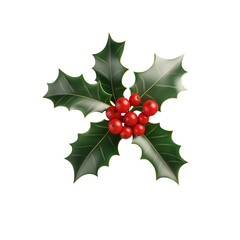 Christmas holly leaves with red berries 3D render isolated on transparent background