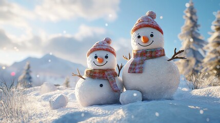 Fototapeta premium Group of Cute Snowmen in Caps and Scarves in Winter