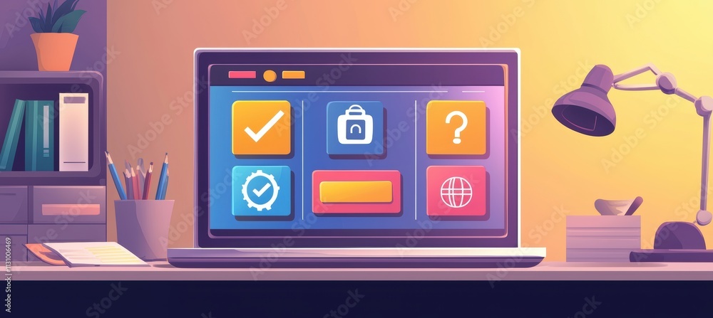 Poster interactive e-learning quiz interface on laptop for efficient online education design