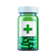 Bottle containing green capsules isolated on transparent background