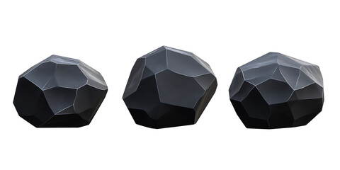 Set of three black stones 3D render isolated on transparent background